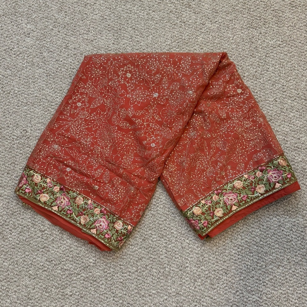 Indian Coral Chiffon Embroidered Saree